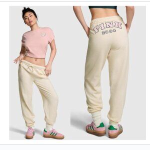 PINK Victoria' Secret Ivy Fleece Ivory Jogger Sweatpants Logo Backside XXL NWT